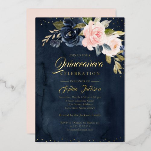 REAL GOLD FOIL Navy Blush Pink Floral Quinceanera Foil Invitation