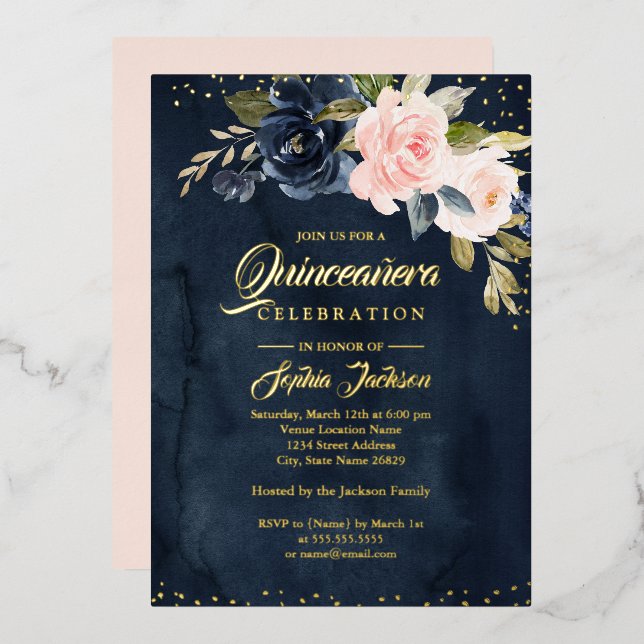 REAL GOLD FOIL Navy Blush Pink Floral Quinceanera Invitation (Front/Back)