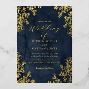 Real Gold Foil Navy Floral Lace Script Wedding Foil Invitation