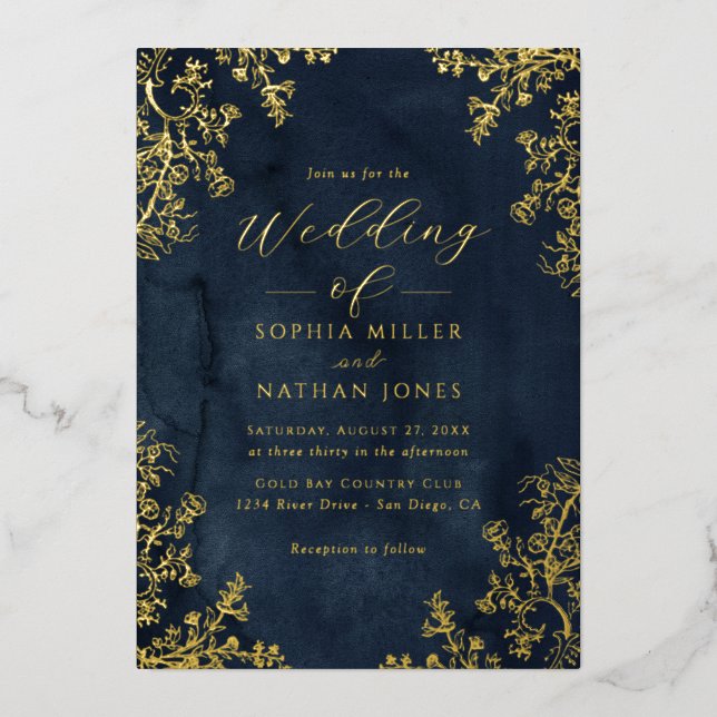 Real Gold Foil Navy Floral Lace Script Wedding  Invitation (Front)
