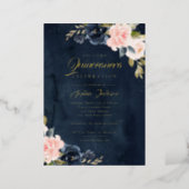REAL GOLD FOIL Navy Pink Floral Quinceanera Foil Invitation (Standing Front)
