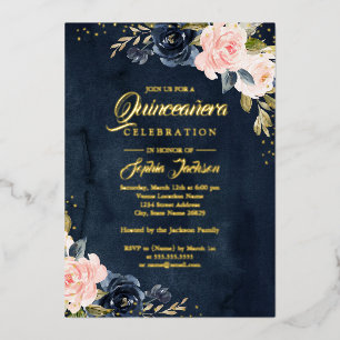 REAL GOLD FOIL Navy Pink Floral Quinceanera Foil Invitation