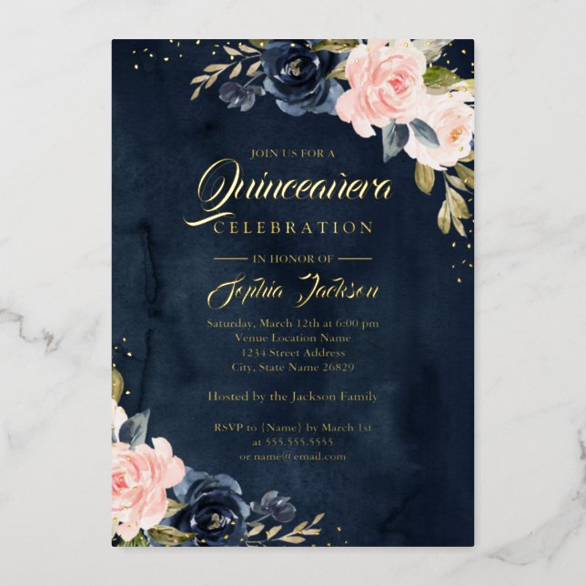 REAL GOLD FOIL Navy Pink Floral Quinceanera Foil Invitation (Front)