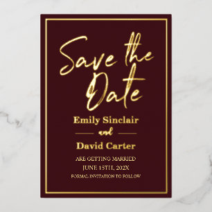 Real Gold Foil on Marsala Save the Date Wedding Invitation