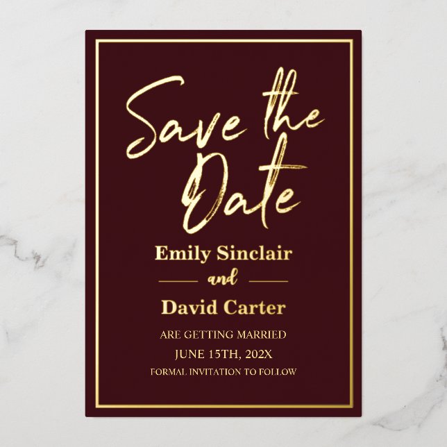 Real Gold Foil on Marsala Save the Date Wedding Invitation (Front)