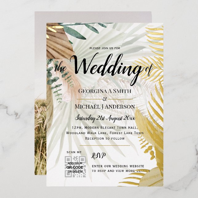 REAL GOLD FOIL Pampas Grass PHOTO QR Code Wedding Foil Invitation (Front/Back)