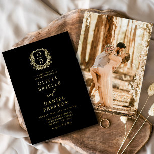 Real Gold Foil Photo Crest Monogram Wedding Invitation