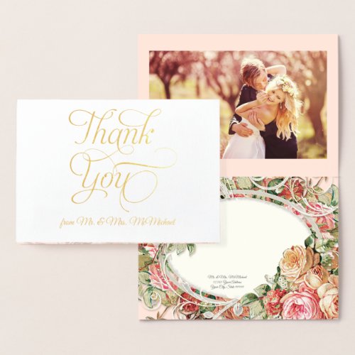 Real Gold Foil Photo Thank You Notes Vintage Roses Foil Card