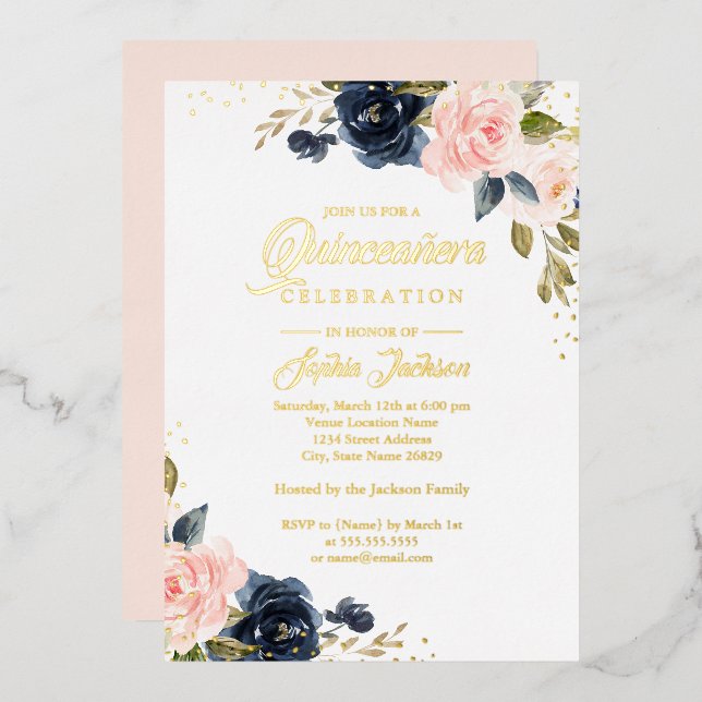 REAL GOLD FOIL Pink Navy Floral Quinceanera Invitation (Front/Back)