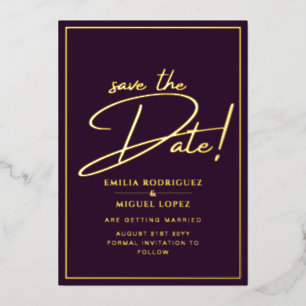 Real GOLD Foil Plum Purple Save the Date Wedding Foil Invitation