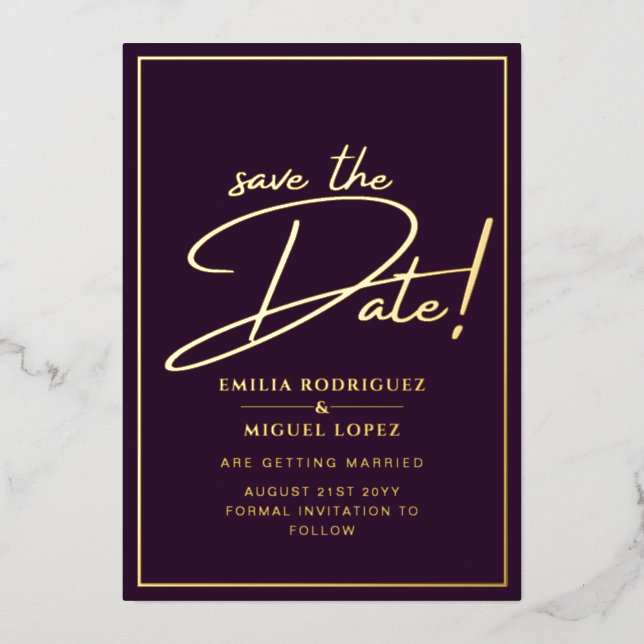 Real GOLD Foil Plum Purple Save the Date Wedding Invitation (Front)