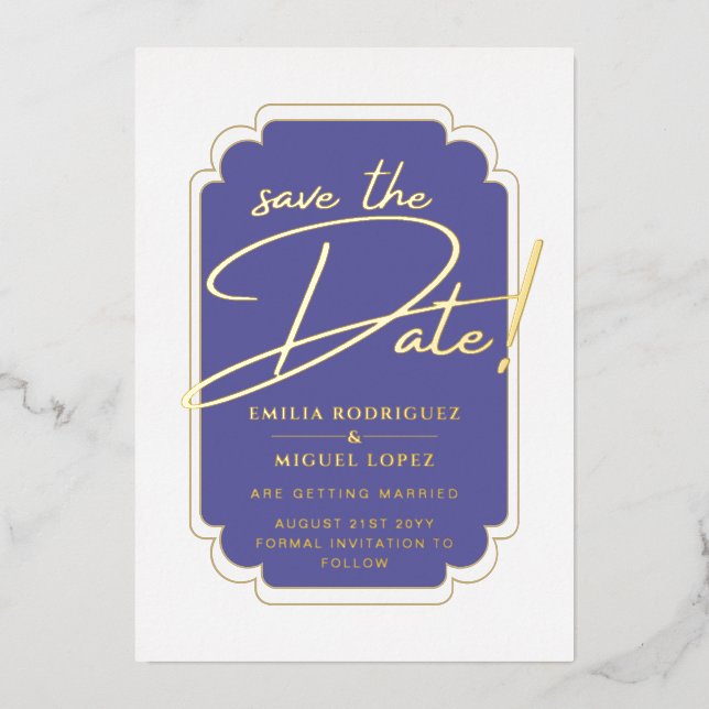 Real GOLD Foil Purple Save the Date Wedding Foil Invitation (Front)