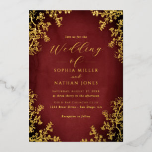 Real Gold Foil Red Floral Lace Script Wedding  Foil Invitation