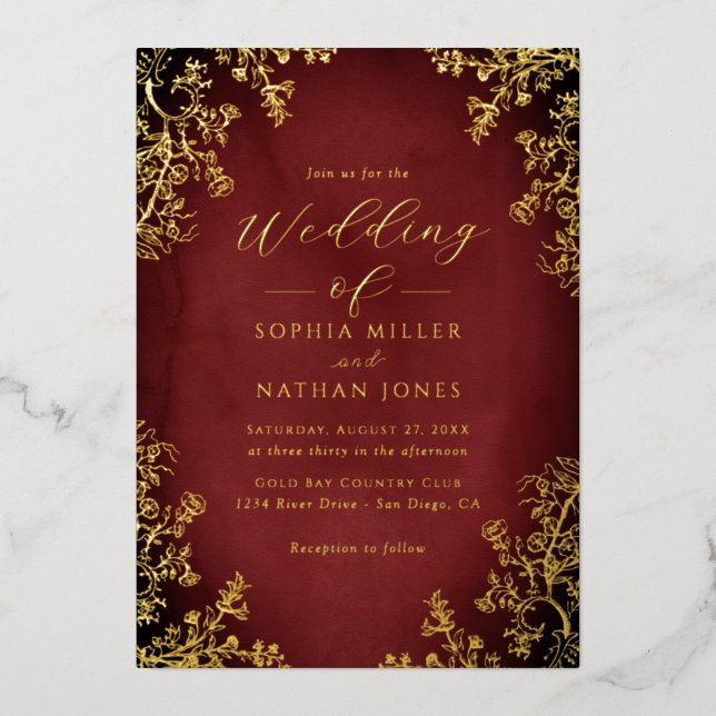 Real Gold Foil Red Floral Lace Script Wedding  Invitation (Front)