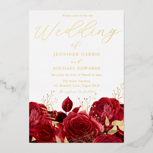 Real Gold Foil Red Roses Wedding Golden Foil Invitation (Front)