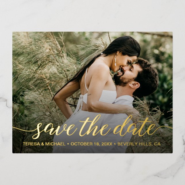 Real Gold foil Save the date Custom Photo Wedding Foil Invitation Postcard (Front)