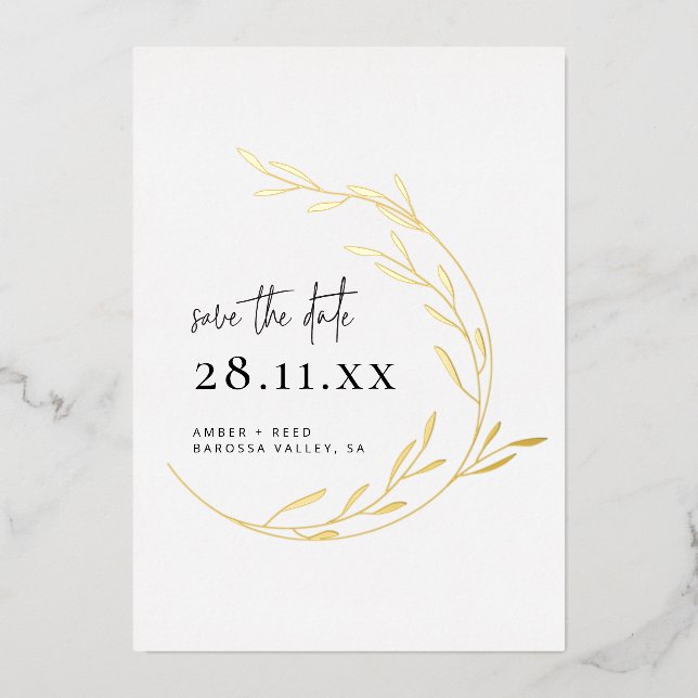 Real Gold Foil Simple Minimal Wreath Save the Date Invitation (Front)