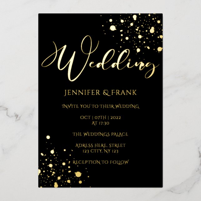 Real Gold Foil Spots Modern White Elegant Black Foil Invitation (Front)