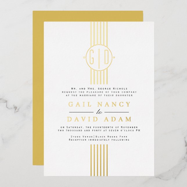Real gold foil stripes, monogram wedding foil invitation (Front/Back)