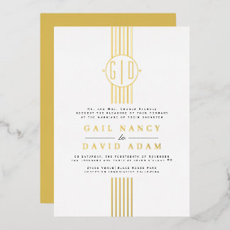 Real gold foil stripes, monogram wedding invitation