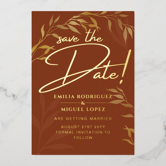 Real GOLD FOIL Terracotta Save the Date Wedding Foil Invitation (Front)