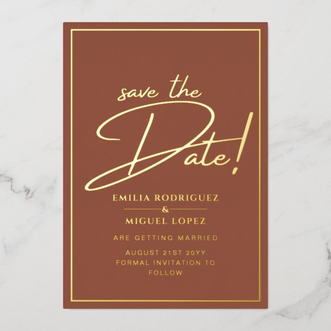 Real GOLD FOIL Terracotta Save the Date Wedding Invitation (Front)