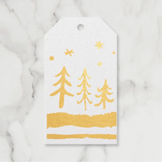 REAL GOLD FOIL TREES IN SNOW GIFT TAG (Front)