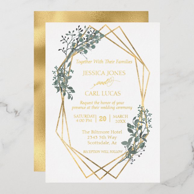 Real Gold Foil Wedding Foliage Leaves Frame  Invitation (Front/Back)