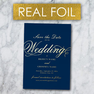 Real Gold Foil Wedding Navy Blue Save the Date Invitation