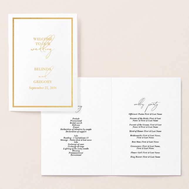 Real Gold Foil Wedding Order of Service Program (Display)
