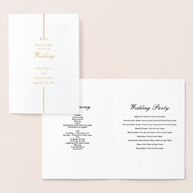Real Gold Foil Wedding Order of Service Program (Display)