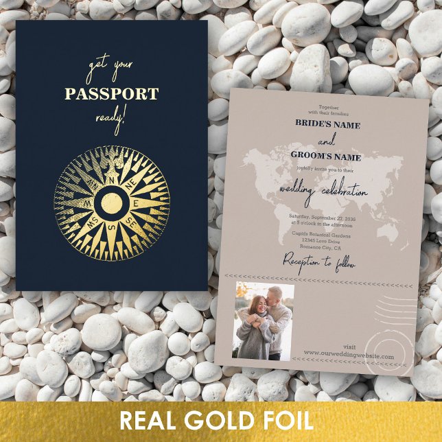 Real Gold Foil Wedding Passport Compass Wedding  Foil Invitation (Real Gold Foil Wedding Passport Compass Wedding Foil Invitation)