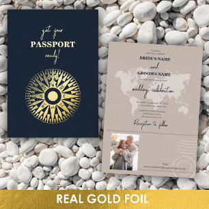 Real Gold Foil Wedding Passport Compass Wedding  Invitation