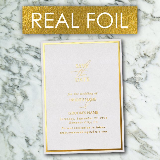 Real Gold Foil White & Gold Wedding Save the Date Invitation (Real Gold Foil White & Gold Wedding Save the Date Foil Invitation)