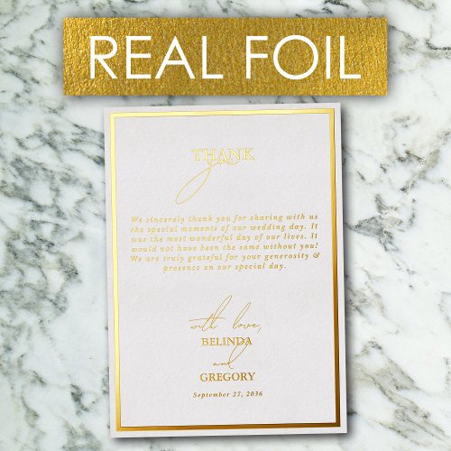 Real Gold Foil White  Gold Wedding Thank You Card