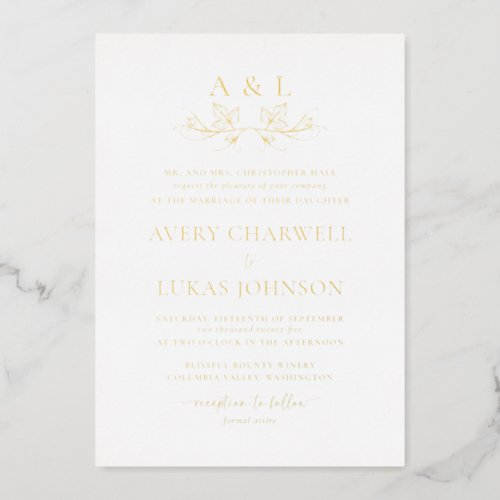 Real Gold Foil Wine Leafy Crest Wedding Monogram Foil Invitation