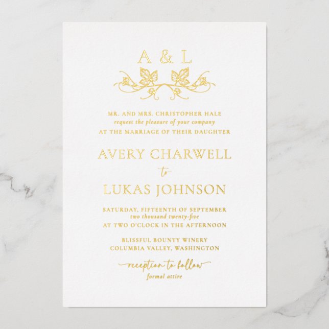 Real Gold Foil Wine Leafy Crest Wedding Monogram Foil Invitation (Front)