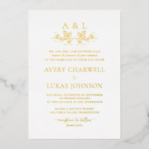 Real Gold Foil Wine Leafy Crest Wedding Monogram Invitation