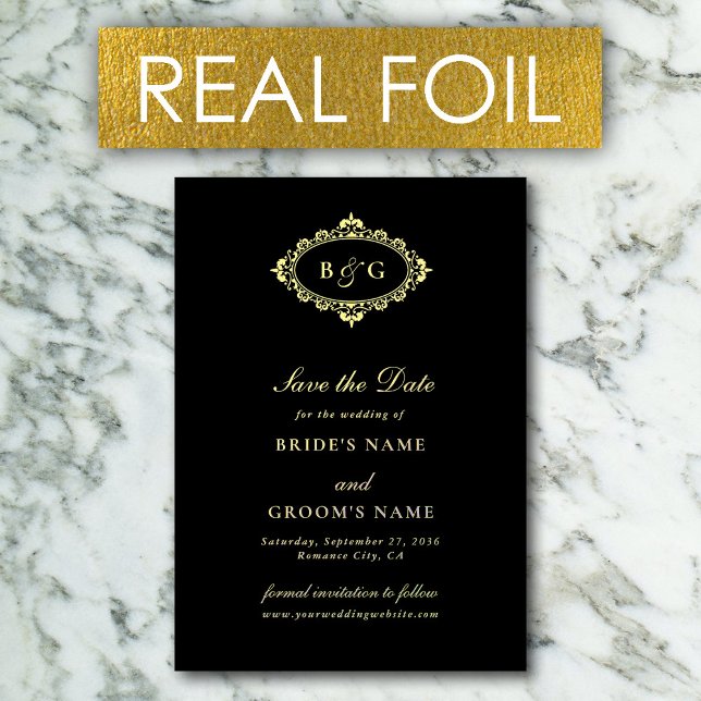Real Gold Foil Wreath Black Wedding Save the Date  Foil Invitation (Real Gold Foil Wreath Black Wedding Save the Date Foil Invitation)
