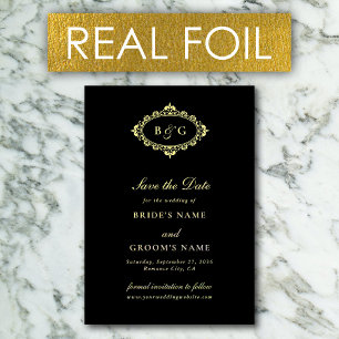 Real Gold Foil Wreath Black Wedding Save the Date  Invitation