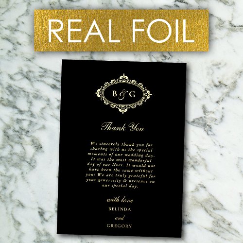 Real Gold Foil Wreath Black Wedding Thank You Card