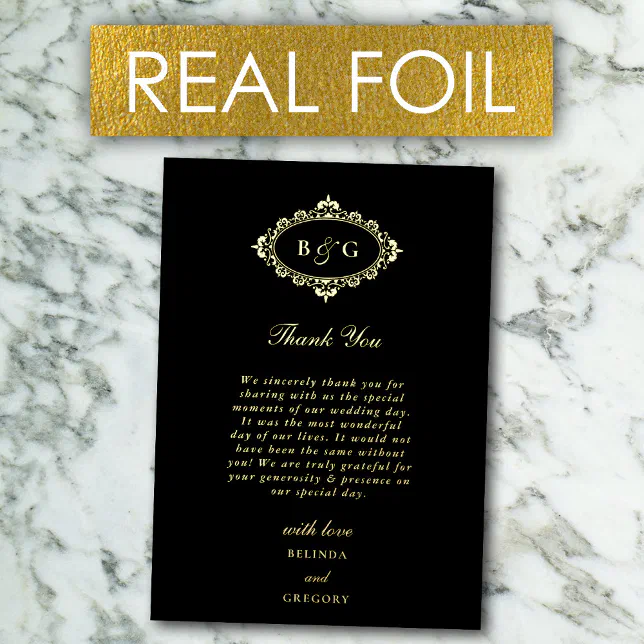 Real Gold Foil Wreath Black Wedding Thank You Card | Zazzle