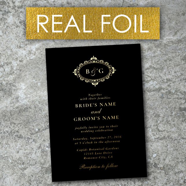 Real Gold Foil Wreath Elegant Black Gold Wedding Invitation (Real Gold Foil Wreath Elegant Black Gold Wedding Foil Invitation)