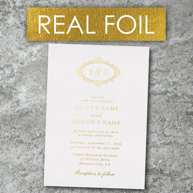 Real Gold Foil Wreath Elegant Monogram Wedding Foil Invitation (Real Gold Foil Wreath Elegant Monogram Wedding Foil Invitation)