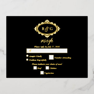 Real Gold Foil Wreath White Wedding RSVP Black Foil Invitation Postcard
