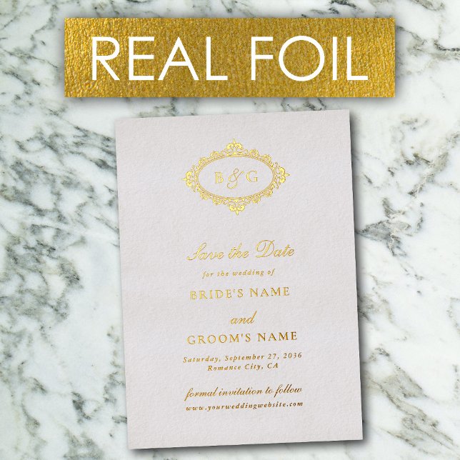 Real Gold Foil Wreath White Wedding Save the Date  Foil Invitation (Real Gold Foil Wreath White Wedding Save the Date Foil Invitation)