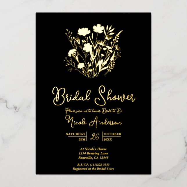 Real Gold Garden Wildflowers Bridal Shower Foil Invitation (Front)