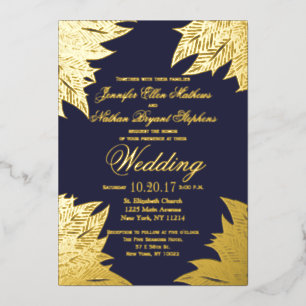 Real Gold Leaves Navy Blue Wedding Foil Invitation