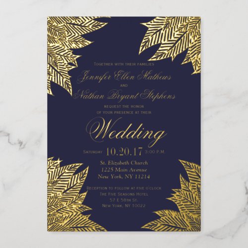 Real Gold Leaves Navy Blue Wedding Foil Invitation
