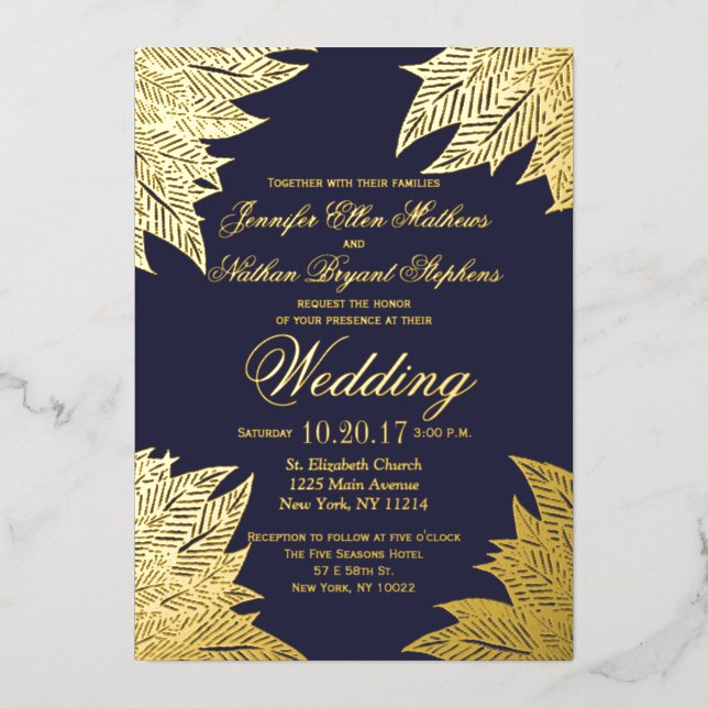 Real Gold Leaves Navy Blue Wedding Foil Invitation (Front)